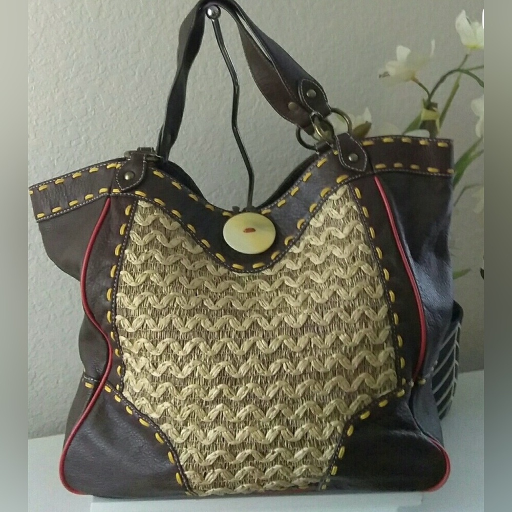 Kate Landry Shoulder Bag Straw Style Leather Trim Brown Large